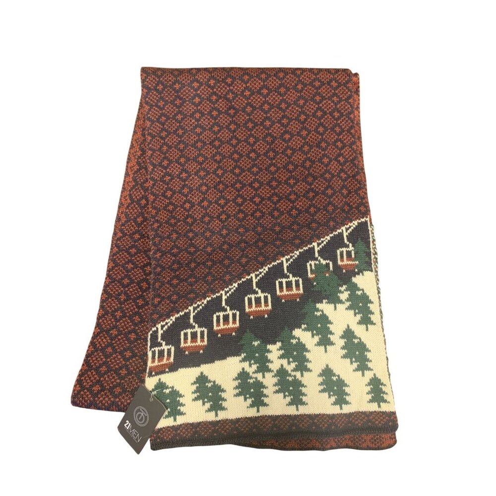 NWT 21 Men Winter Knit Ski Snowboard Scarf‎ Os Ski Lift & Tree Pattern